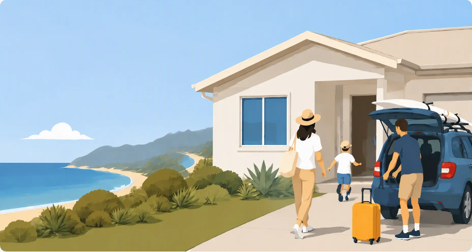 A family arriving at a coastal holiday home