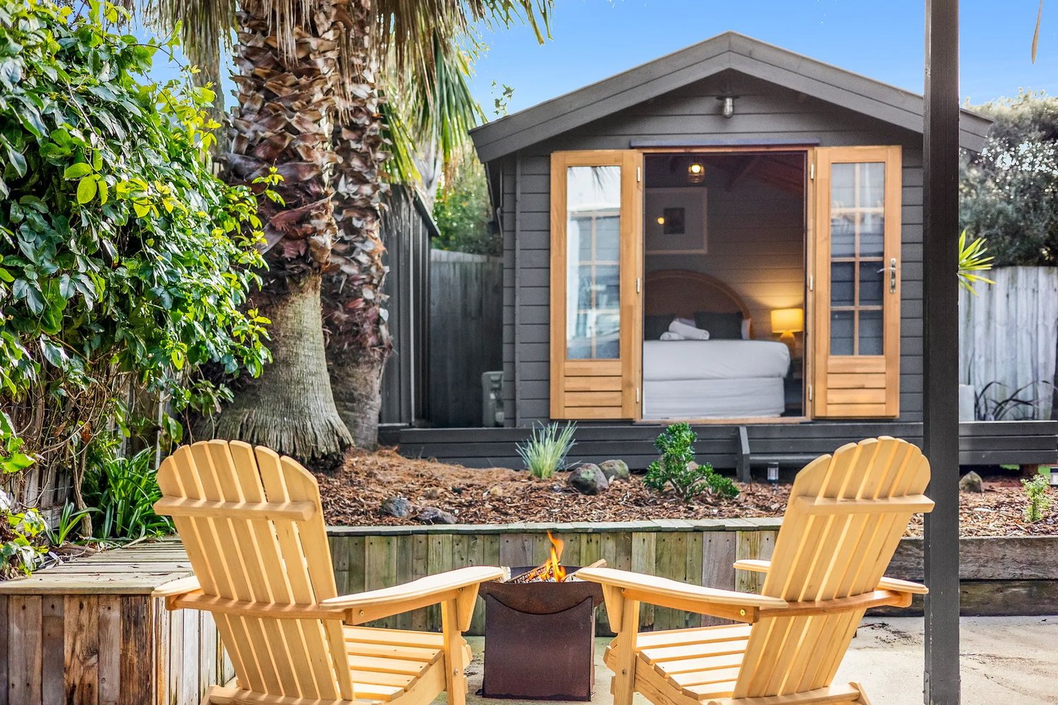 Outdoor seating with a firepit.